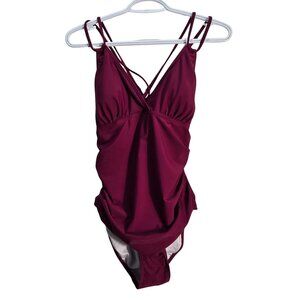 NWOT | Burgundy Tummy Control One Piece Bathing Suit Criss Cross Back | Medium